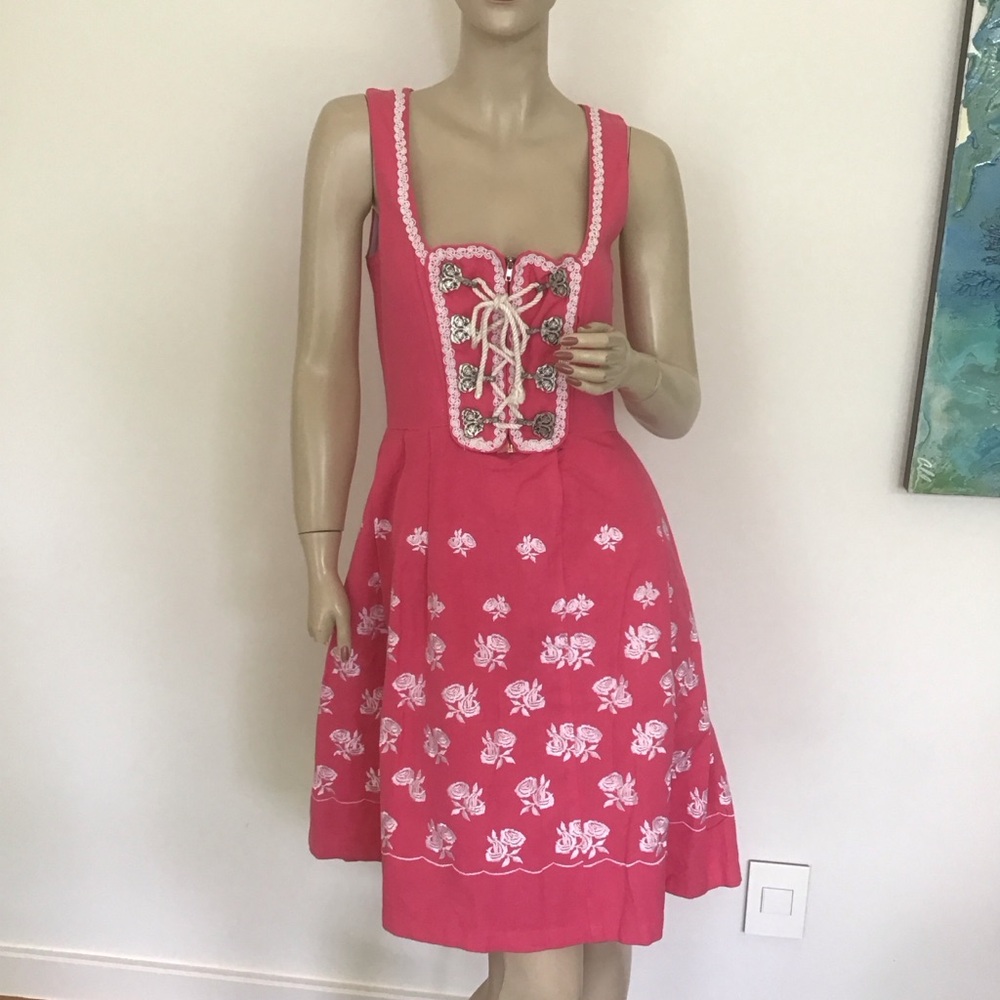 Almenrausch Munich Oktoberfest Pink Floral Embroidered Dirndl Dress 38 US S‎ VTG